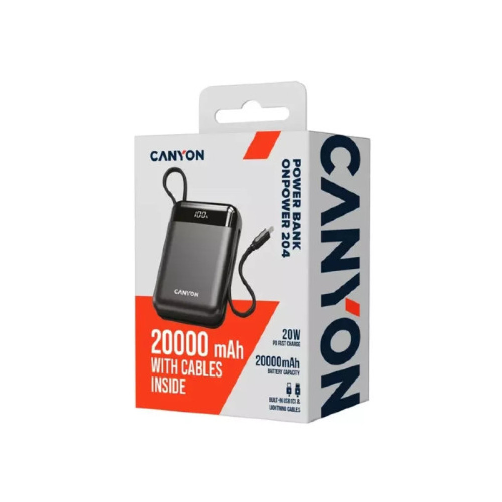 Батарея універсальна Canyon 20000mAh OnPower 204 PD/20W Built-in Lightning Cable (CNS-CPB204B)