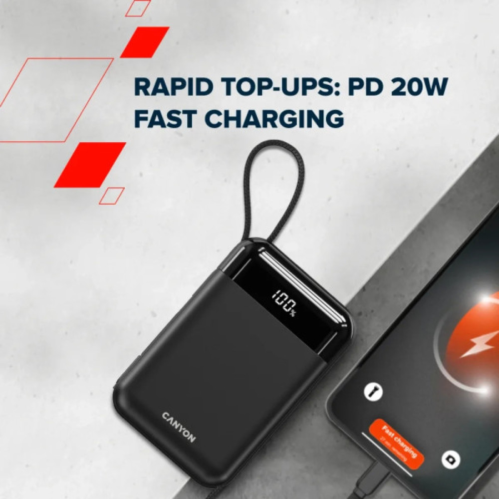 Батарея універсальна Canyon 20000mAh OnPower 204 PD/20W Built-in Lightning Cable (CNS-CPB204B)