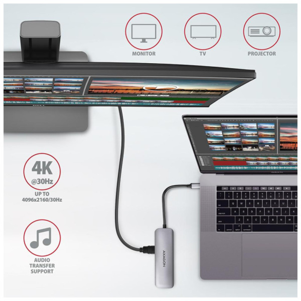 Концентратор AXAGON USB-C to 2xUSBA + HDMI + SD/microSD + USB-C PD 100W 0.2m grey (HMC-5)