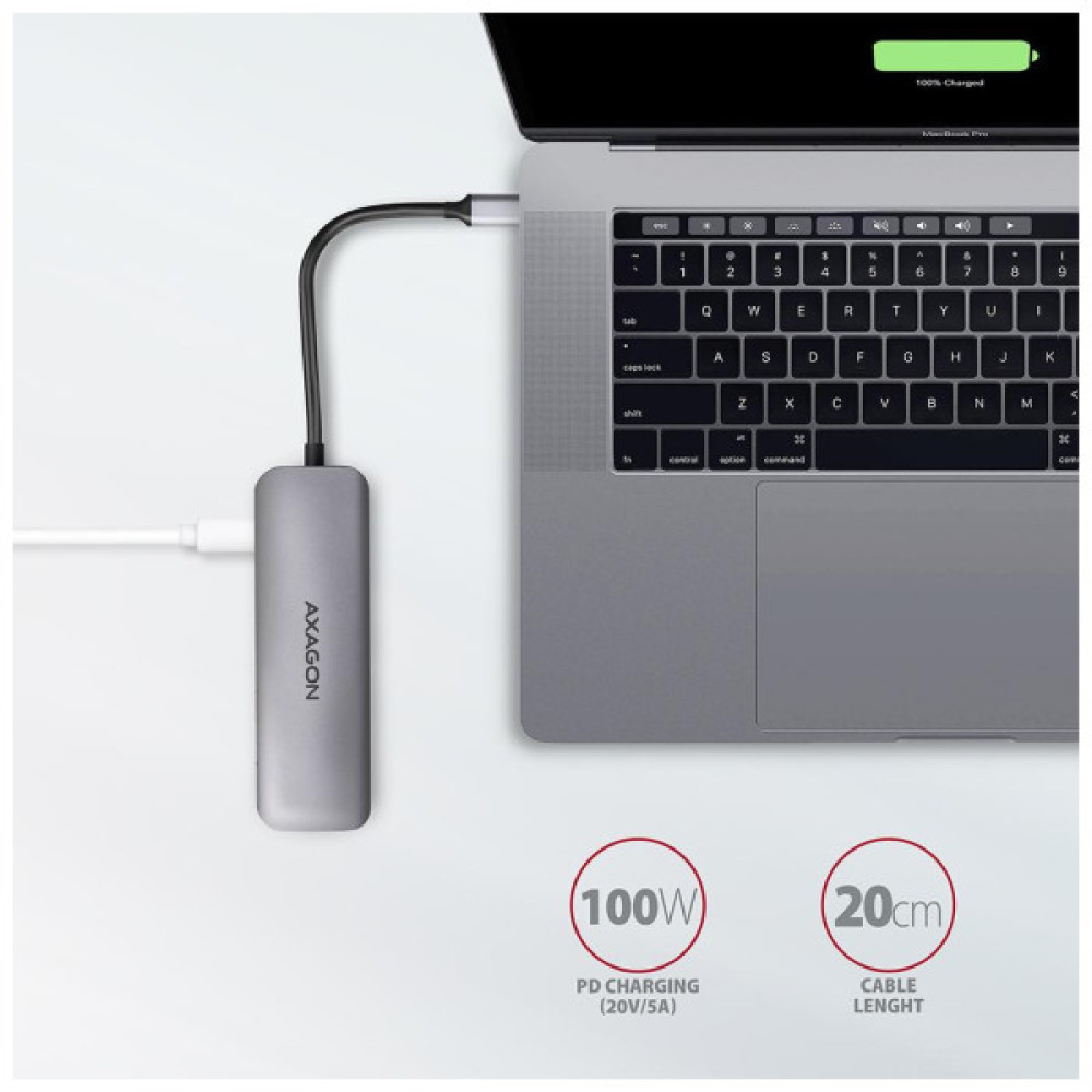 Концентратор AXAGON USB-C to 2xUSBA + HDMI + SD/microSD + USB-C PD 100W 0.2m grey (HMC-5)