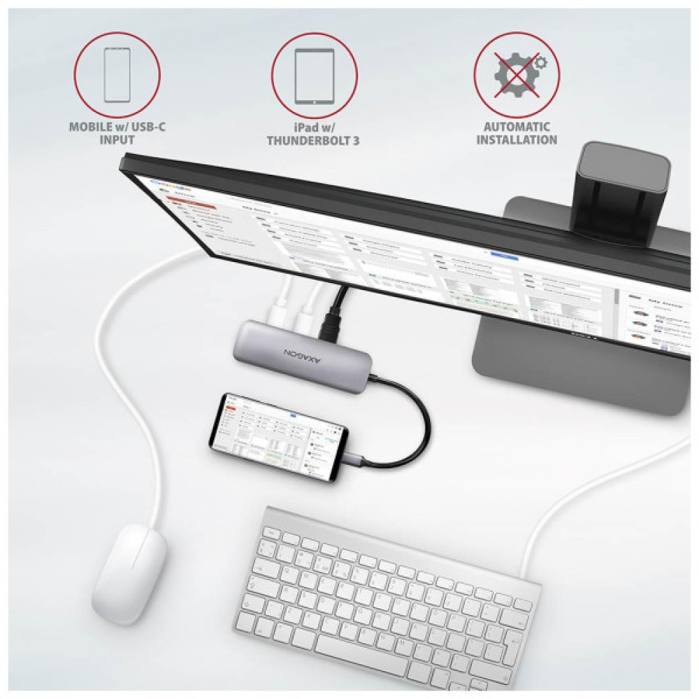Концентратор AXAGON USB-C to 2xUSBA + HDMI + SD/microSD + USB-C PD 100W 0.2m grey (HMC-5)