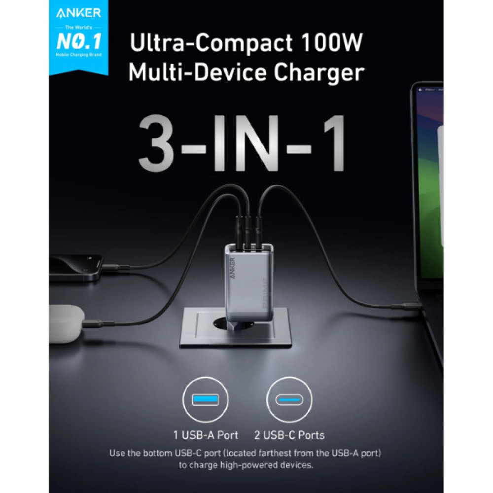 Зарядний пристрій Anker GaNPrime 100W 2xUSB-C PD + 1xUSB-A Foldable Silver (A2688341)