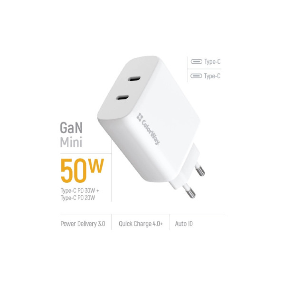 Зарядний пристрій ColorWay GaN Mini 50W PD Port PPS USB (Type-C PD 30W + Type-C PD 20W) white (CW-CHS050PD-WT)