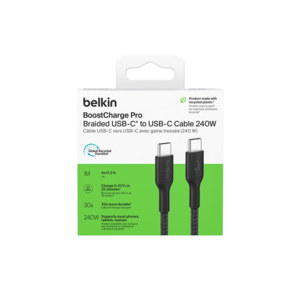 Кабель USB-C > USB-C заряджання/синхронізації Belkin 1м, 240Вт, Type-C, плетений, чорний
