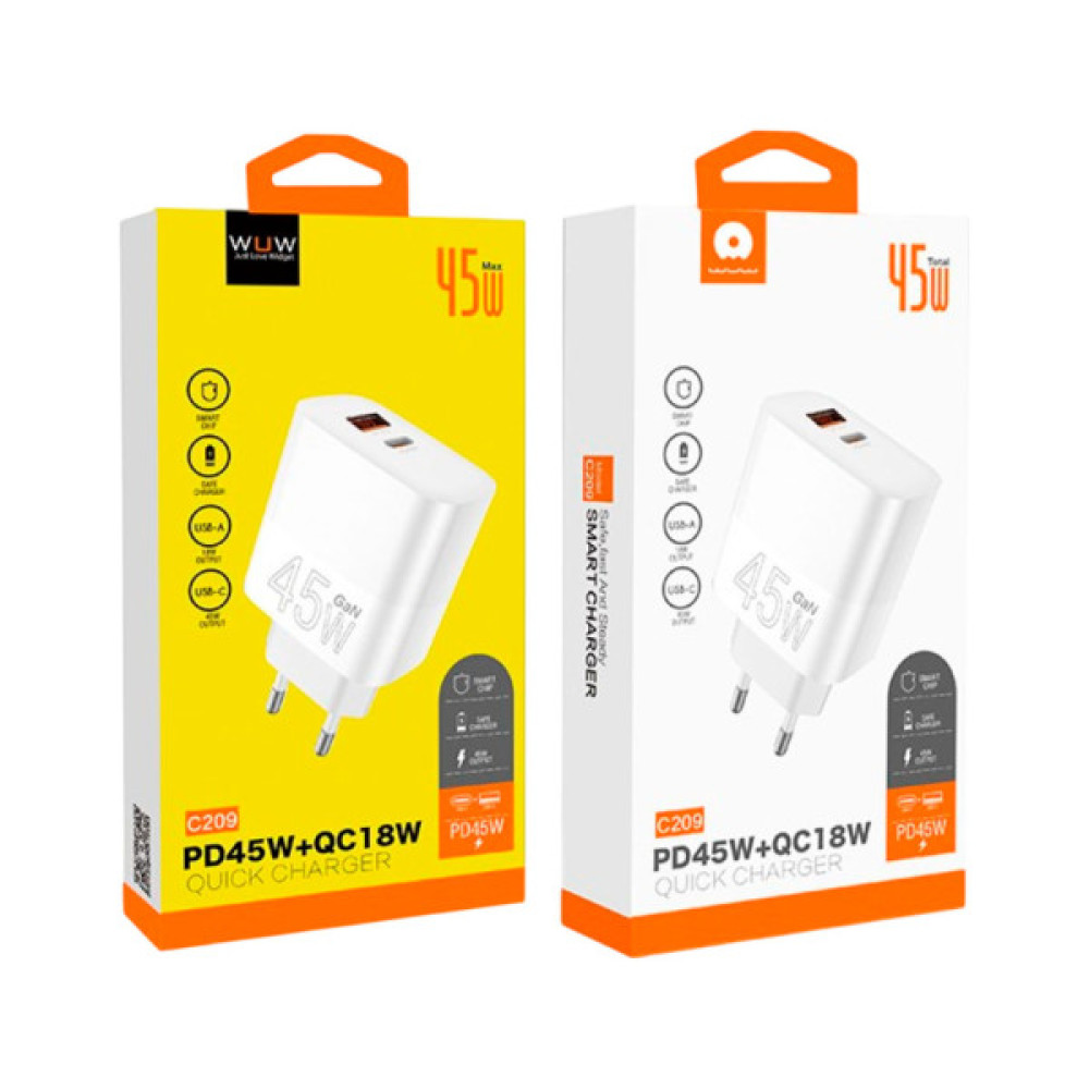 Зарядний пристрій WUW C209 1xUSB-C PD45W + 1xUSB QC3.0 18W White (WUW-C209)