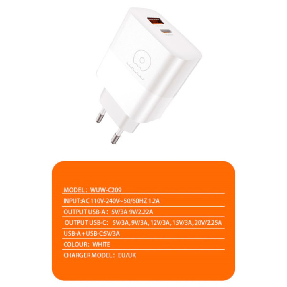 Зарядний пристрій WUW C209 1xUSB-C PD45W + 1xUSB QC3.0 18W White (WUW-C209)
