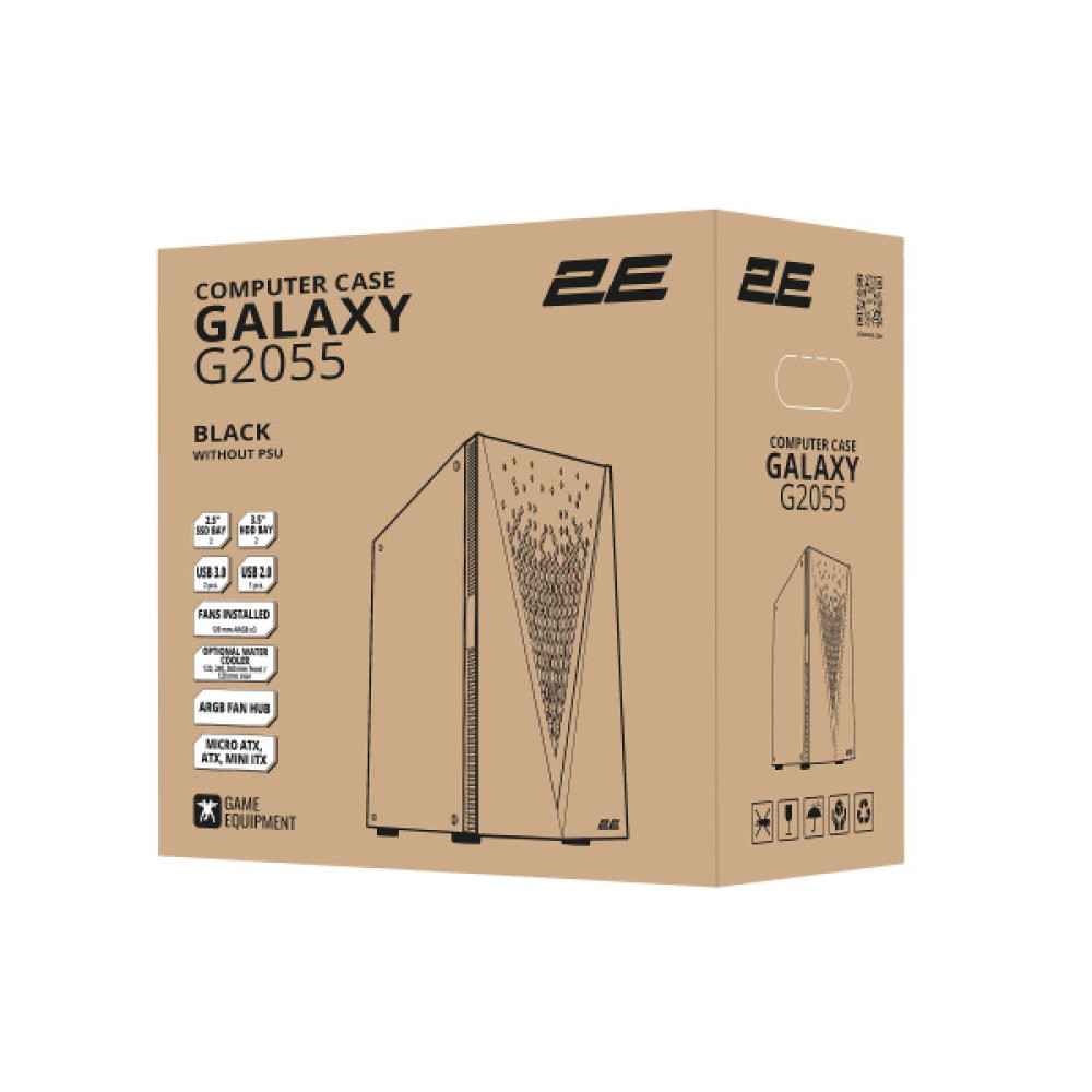 Корпус 2E GAMING Galaxy G2055 без БЖ 2xUSB3.0, 1xUSB2.0, 3x120мм ARGB, VGA 345мм, LCS ready, HUB, TG Side Panel, ATX, чорний
