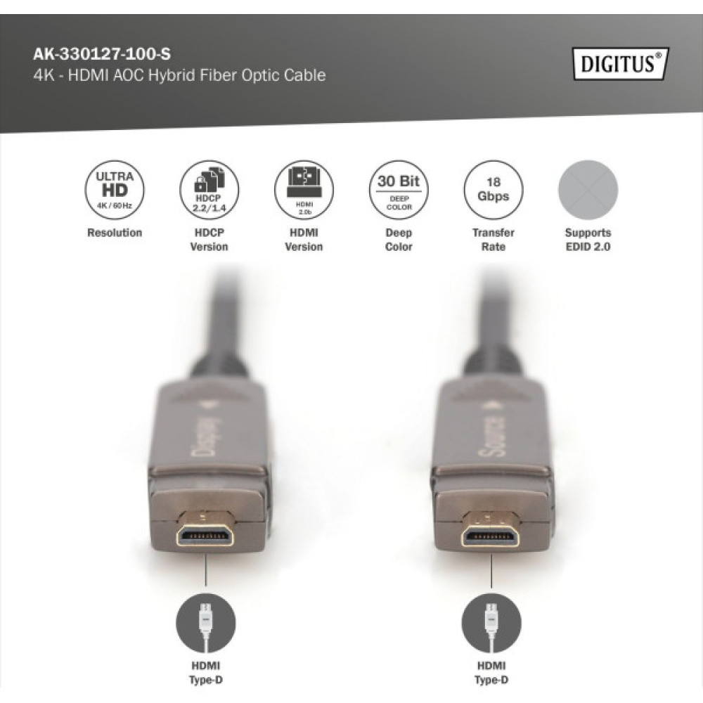 Кабель DIGITUS HDMI (M/M), 4K, AOC, 10м, чорний