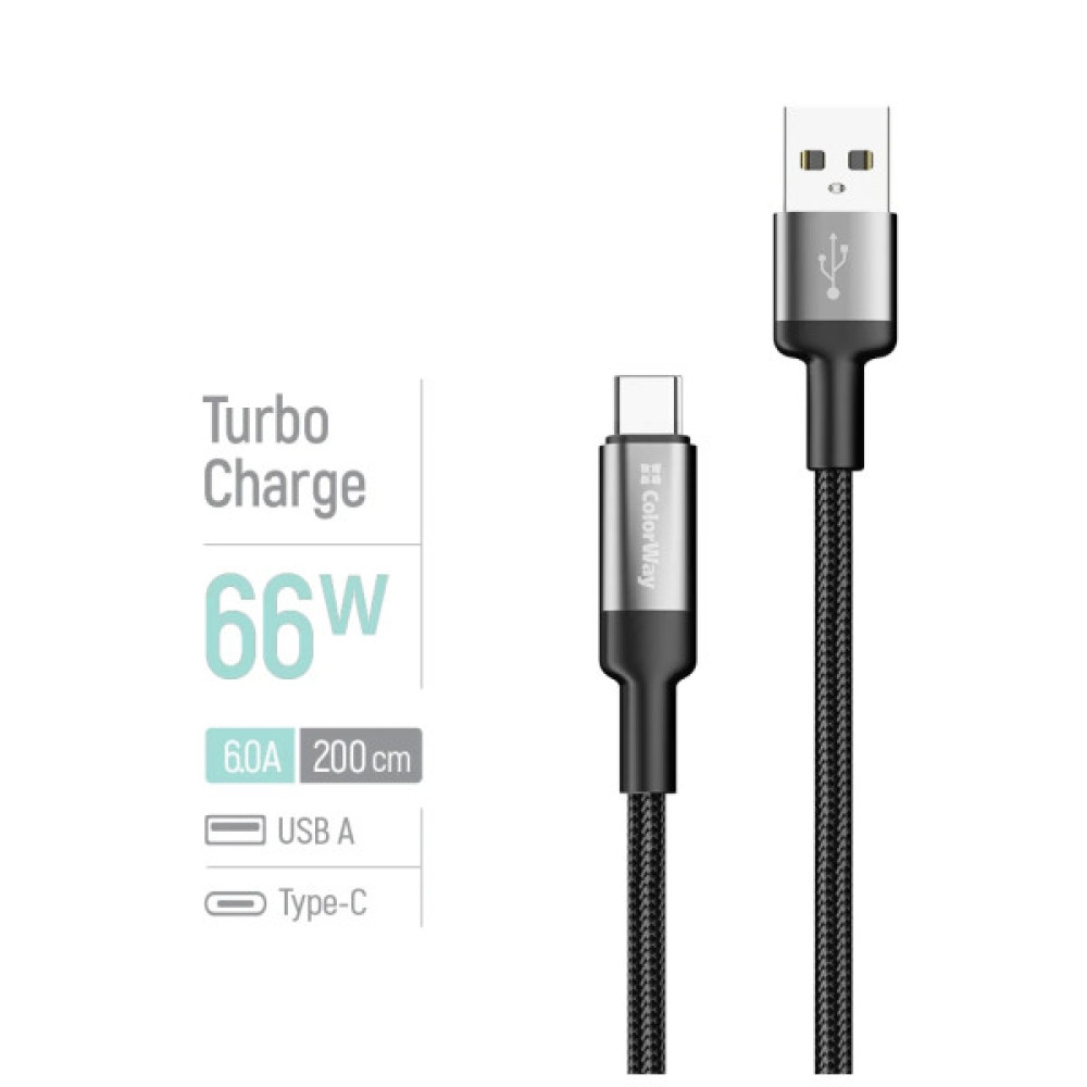 Дата кабель USB 2.0 AM to USB-C 2.0m 6A braided wire black ColorWay (CW-CBUC097-BK)