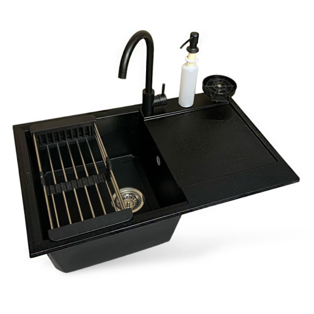 Набір кухонний Adamant Horizon, штучний камінь, прямокут., з крилом, 780х495х230мм, чаша - 1, врізна, чорний + змішувач + дозатор + ополіскувач склянок + коландер