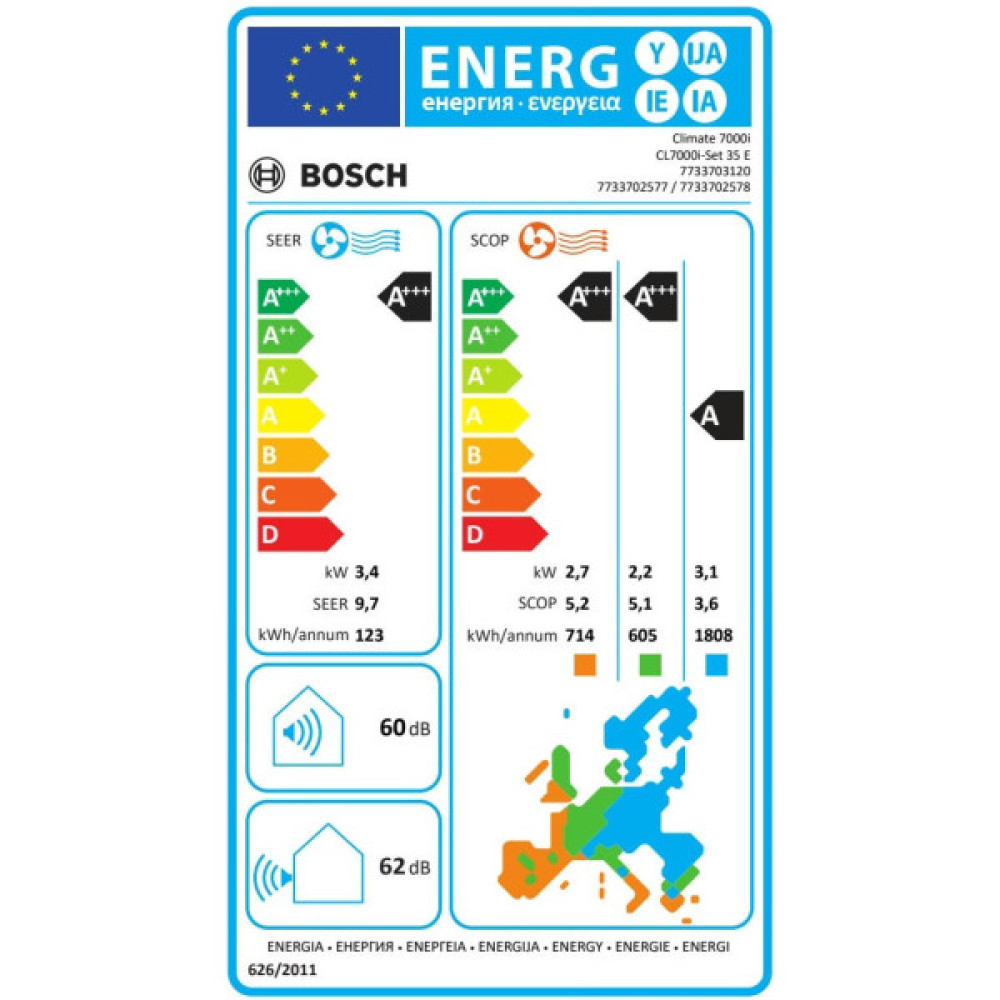 Кондиціонер Bosch Climate 7000i 35м2 інвертор 12000BTU 3.4кВт A+++/A+++ -30°С Wi-Fi R32 білий
