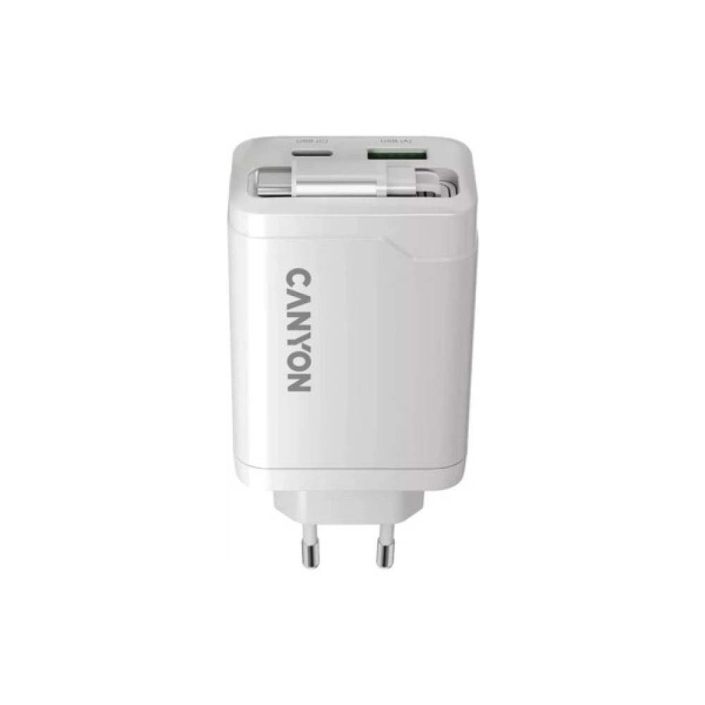 Зарядний пристрій Canyon 1xUSB-C PD65W + 1xUSB QC3.0 + cable USB-C to USB-C white (CNS-CURC65ACW)