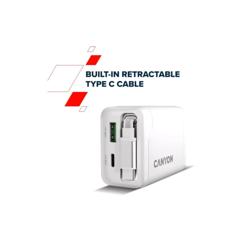 Зарядний пристрій Canyon 1xUSB-C PD65W + 1xUSB QC3.0 + cable USB-C to USB-C white (CNS-CURC65ACW)