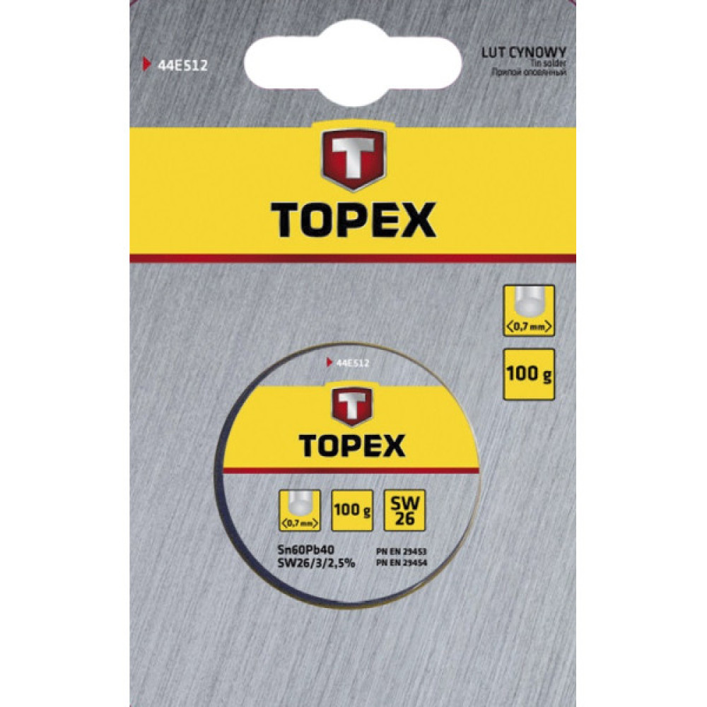 Припій олов'яний TOPEX Sn60Pb40 флюс SW26 дріт 0.7мм 100гр