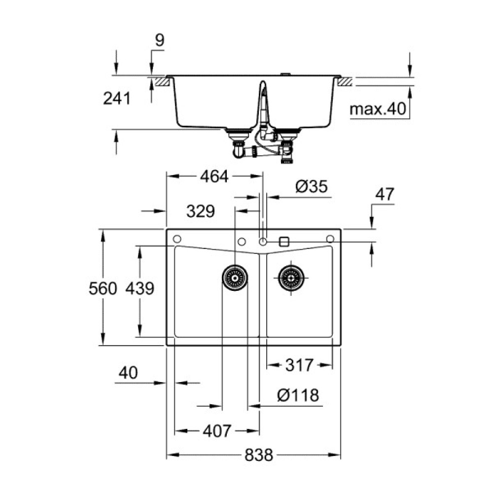 Мийка кухонна Grohe K700, граніт, прямокут., без крила, 838x560x241мм,  чаша - 2, врізна/під стільницю, чорний граніт