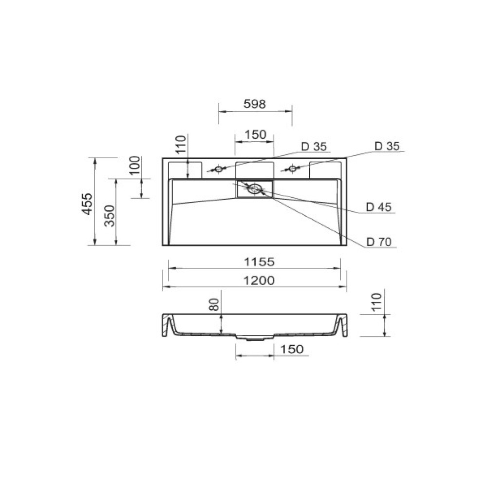 Раковина, умивальник Adamant VISION, штучний камінь, прямокут., з отвором для змішувача, без переливу, 1200х455х110мм, накладний, білий