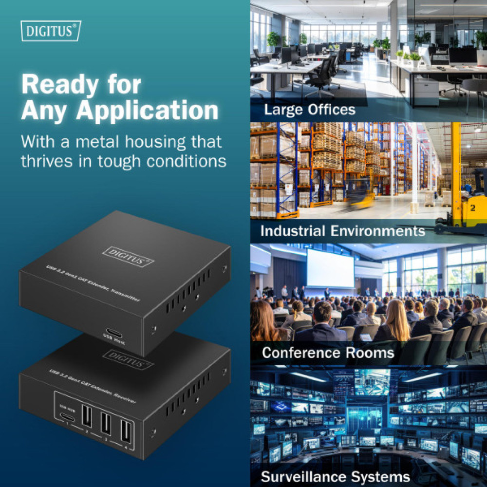 Подовжувач DIGITUS USB 3.2 Gen1, для використання з кабелем Cat6A, до 100 м, 3 х USB-A, 1 x USB-C, чорний