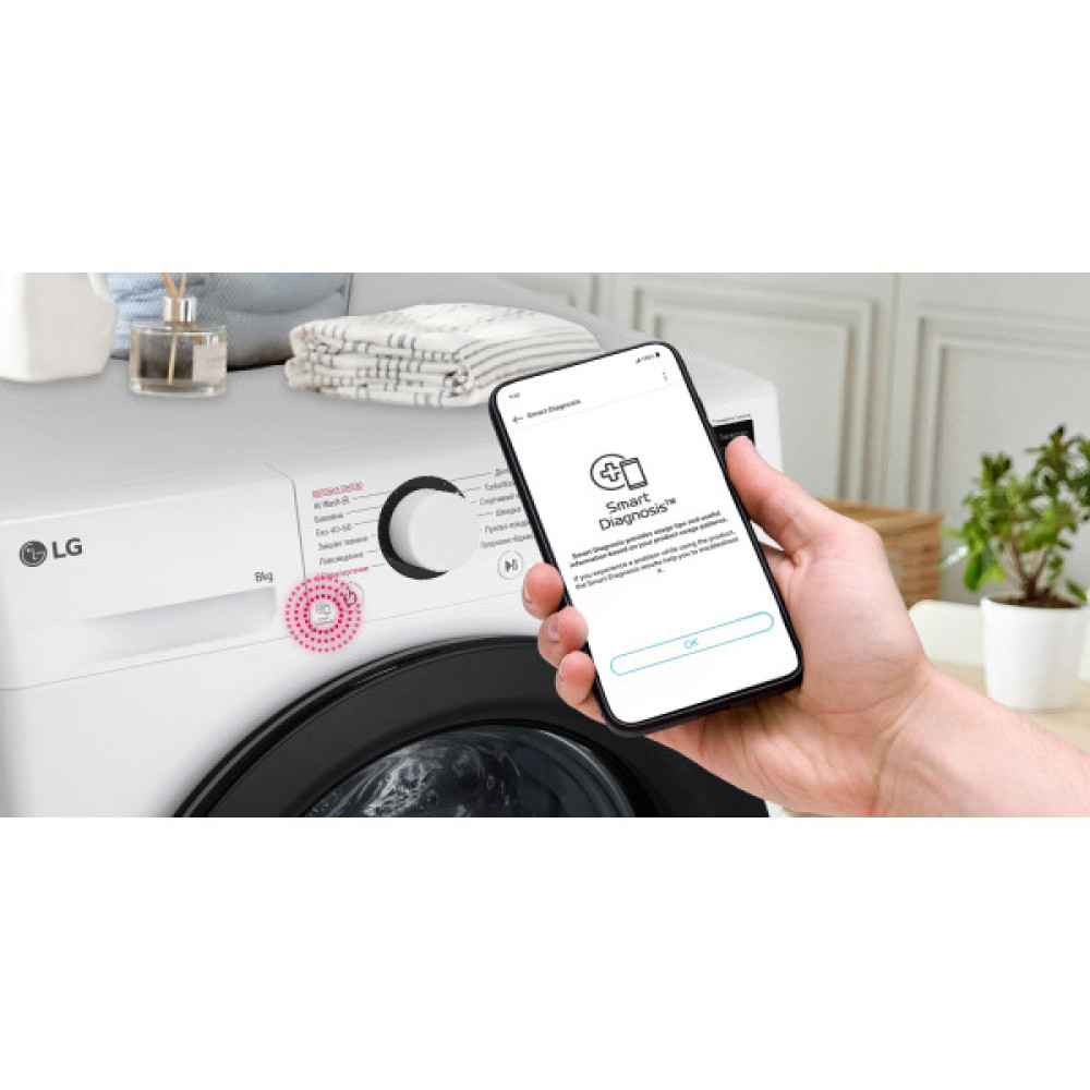 Пральна машина LG фронтальна, 8кг, 1200, A, 48см, дисплей, пара, інвертор, білий