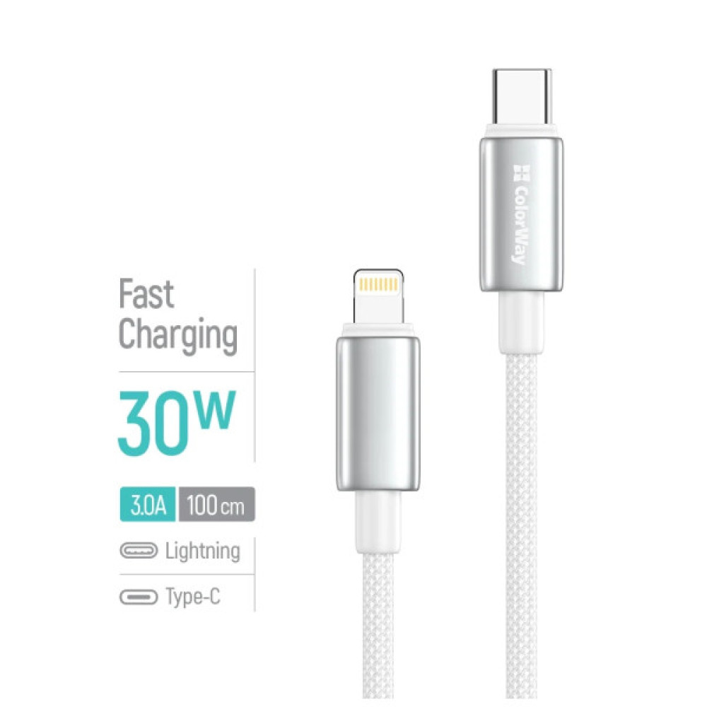 Дата кабель USB-C to Lightning 1.0m PD30W zinc alloy braided white ColorWay (CW-CBPDCL098-WT)