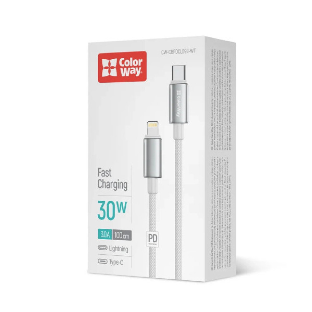 Дата кабель USB-C to Lightning 1.0m PD30W zinc alloy braided white ColorWay (CW-CBPDCL098-WT)