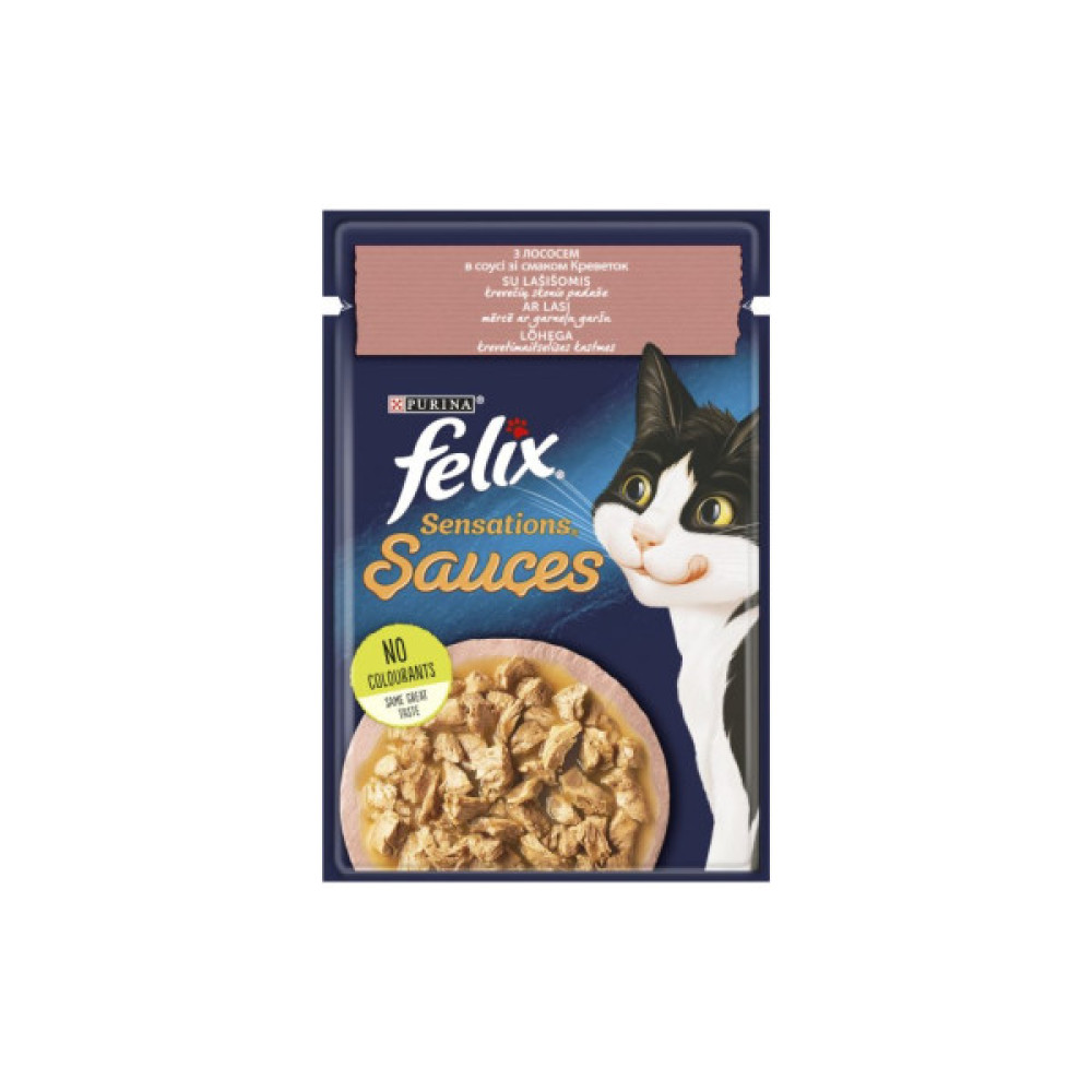 Вологий корм для кішок Purina Felix Sensations Sauces з лососем у соусі зі смаком креветок 85 г (7613039836026)