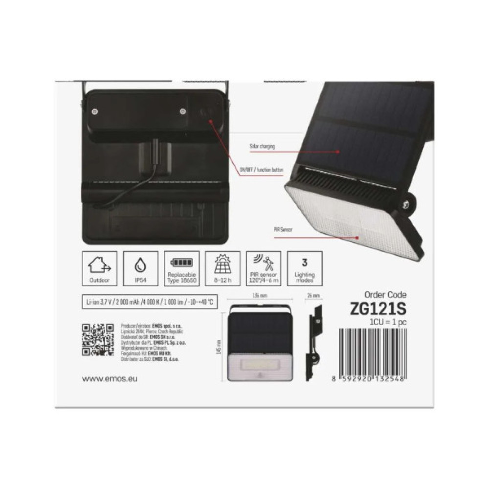 Прожектор EMOS сонячний світлодіодний 1000 лм IP54 4000K PIR (ZG121S)