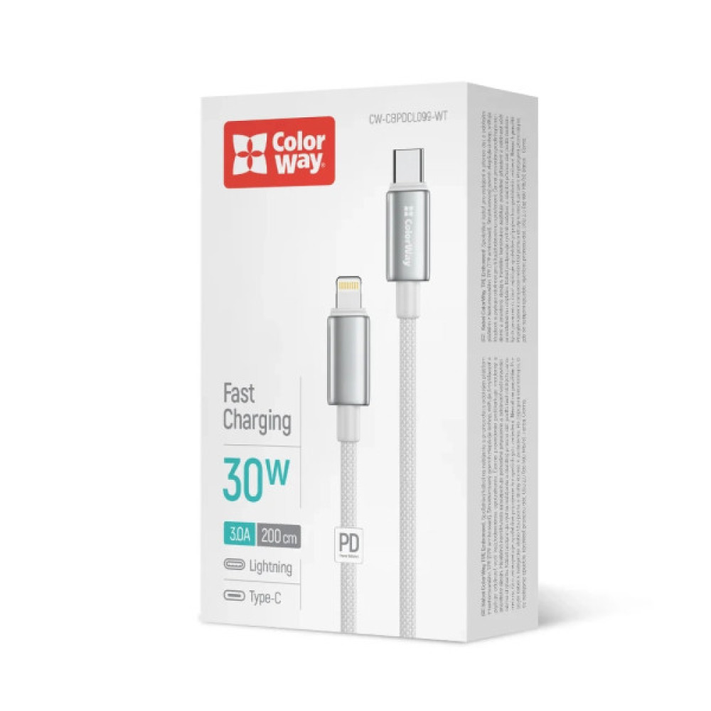 Дата кабель USB-C to Lightning 2.0m PD30W zinc alloy braided white ColorWay (CW-CBPDCL099-WT)