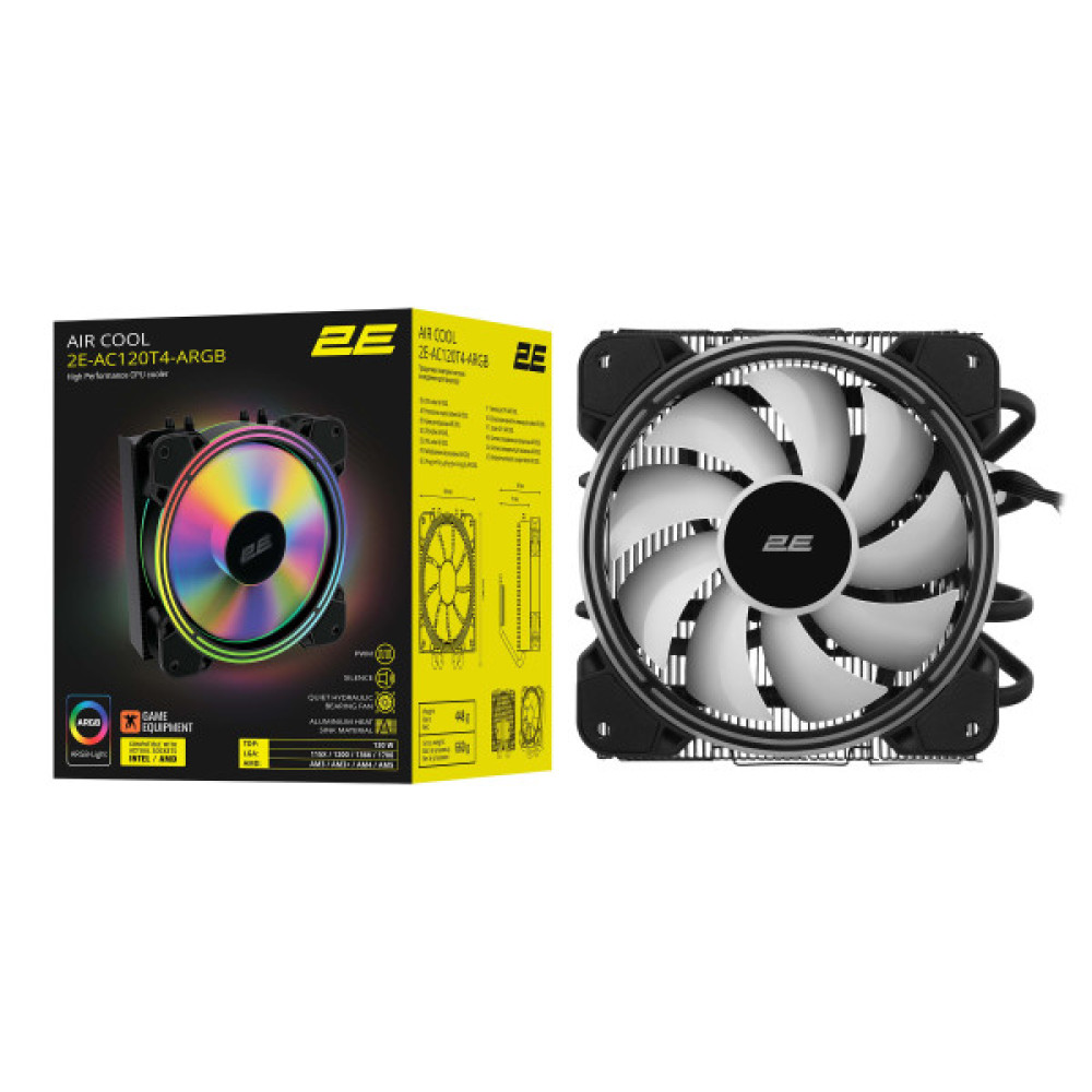 Процесорний кулер 2E GAMING Air Cool AC120T4-ARGB, LGA1851, 1700, 1200, 115x, 1366, AM5, AM4, AM3, AM3+, 4pin PWM, 3pin +5VARGB, TDP 130W