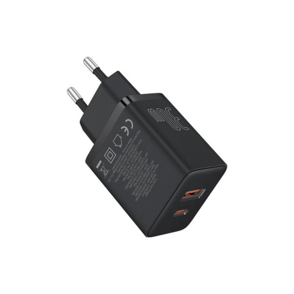 Зарядний пристрій Baseus 1xUSB-C 30W + 1xUSB black (P10111404113-00)
