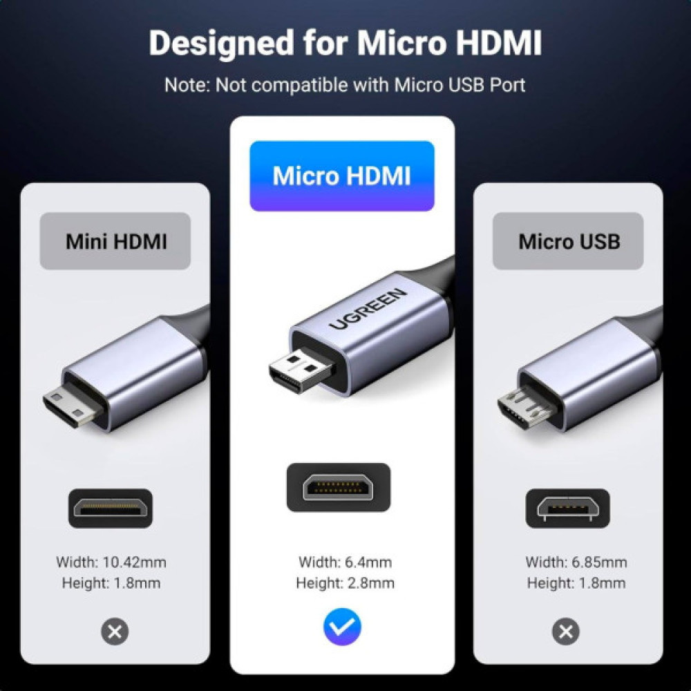 Кабель мультимедійний HDMI M to HDMI micro M 1.0m V2.1 8K60Hz HD164 black UGREEN (15516)