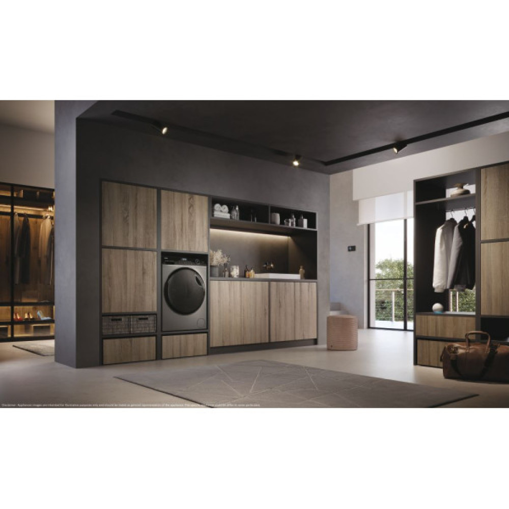 Прально-сушильна машина Haier фронтальна, 8(5)кг, 1400, A, 46см, дисплей, пара, інвертор, люк чорний, прямий привід, cріблястий