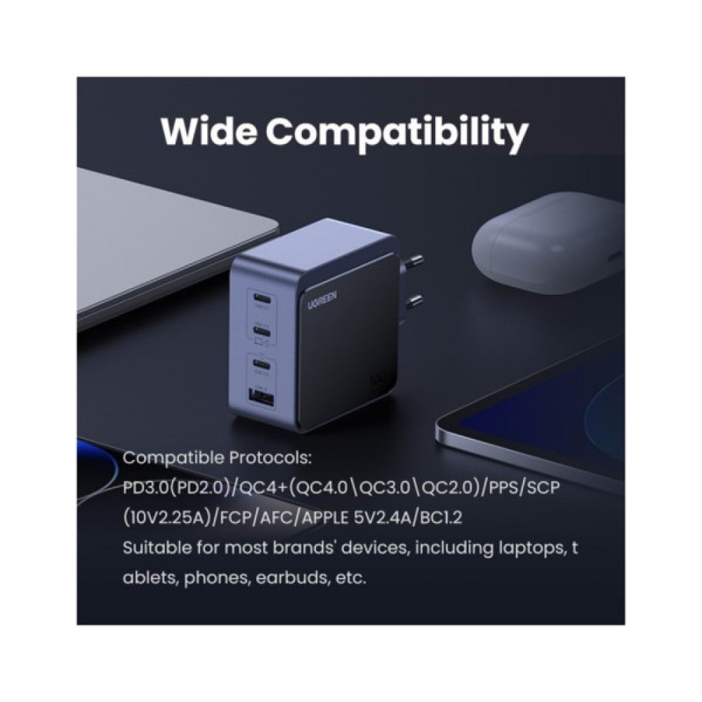 Зарядний пристрій Ugreen 4xUSB 100W (3xUSB-C+USB-A) Gan Nexode Fast Charger Grey X565 (35043)