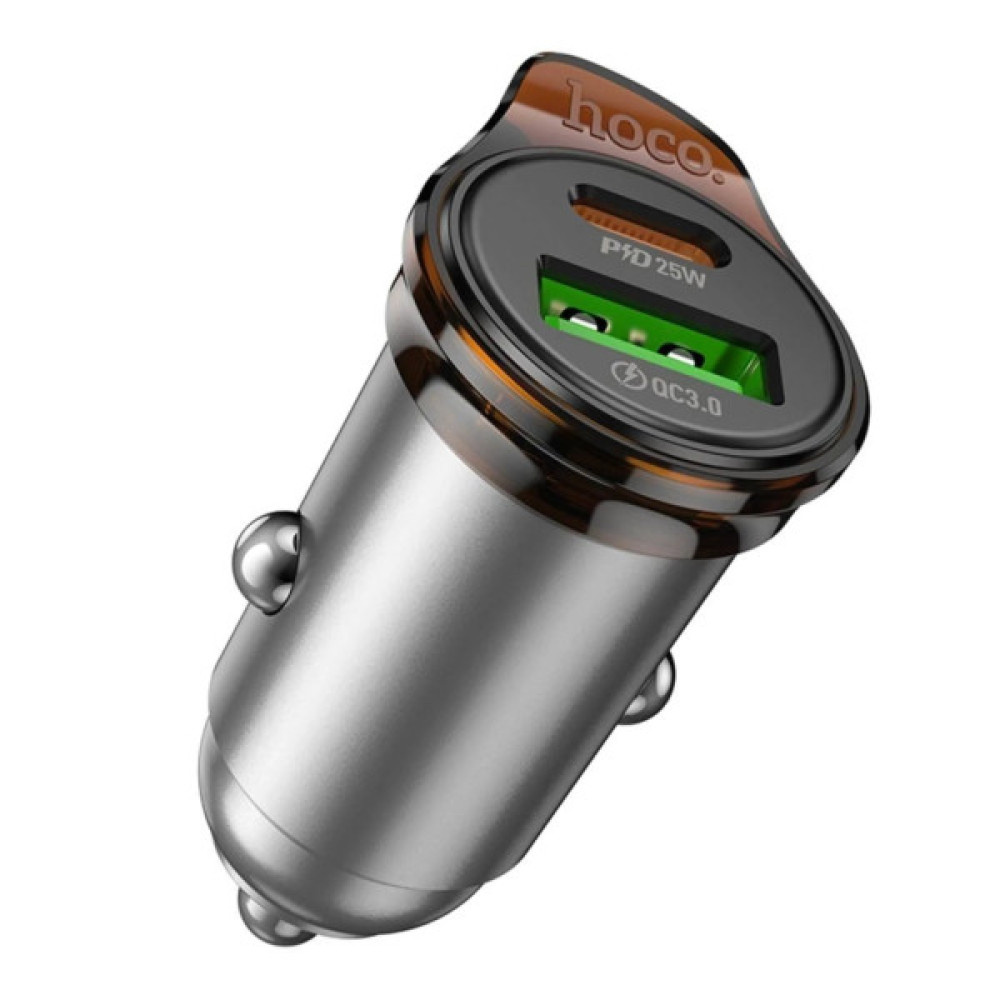 Зарядний пристрій HOCO 1xUSB-C PD25W + 1xUSB QC3.0 43W car adapter NZ16A gray (6942007644747)