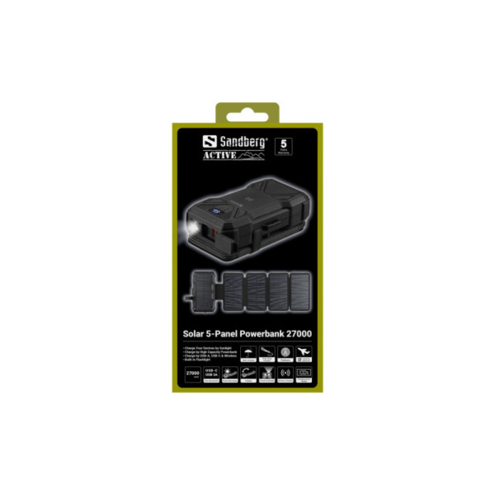 Батарея універсальна Sandberg 27000mAh Solar 5-Panel 8W, PD/20W, IP54, Flashlight, wireless charging 15W (421-06)