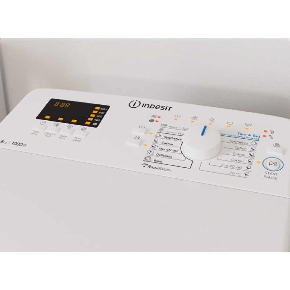 Пральна машина Indesit вертикальна, 6кг, 1000, C, 60см, дисплей, білий