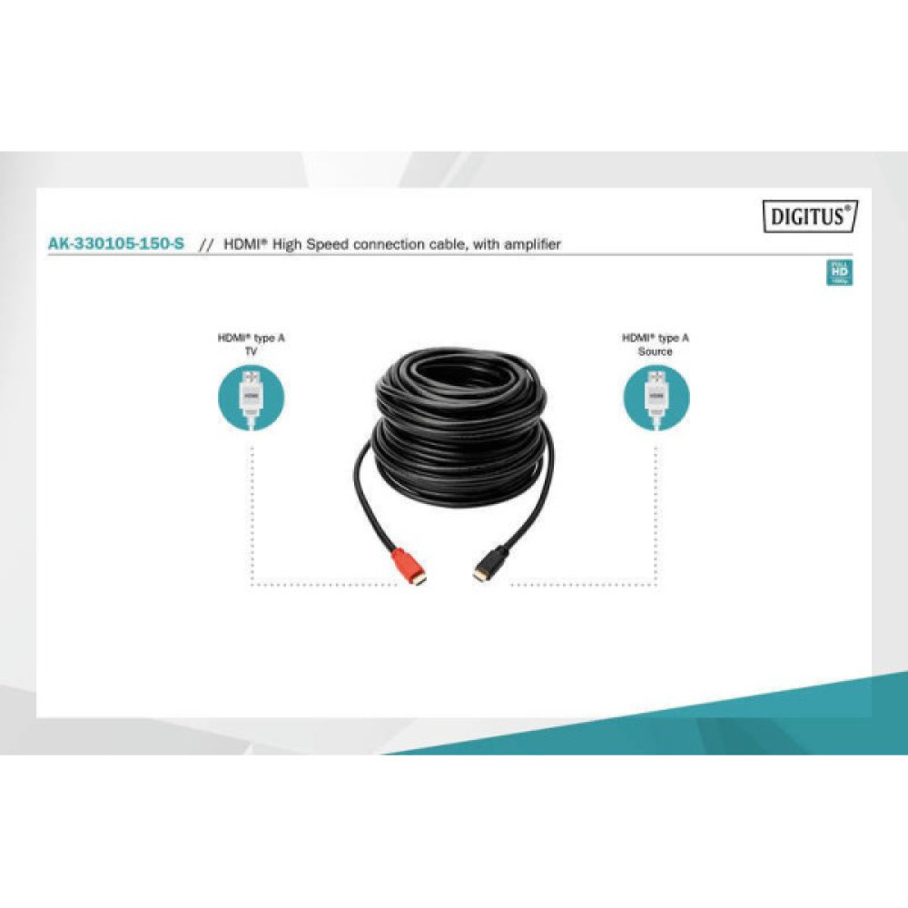 Кабель DIGITUS HDMI (M/M), High speed, активний, 15м, чорний