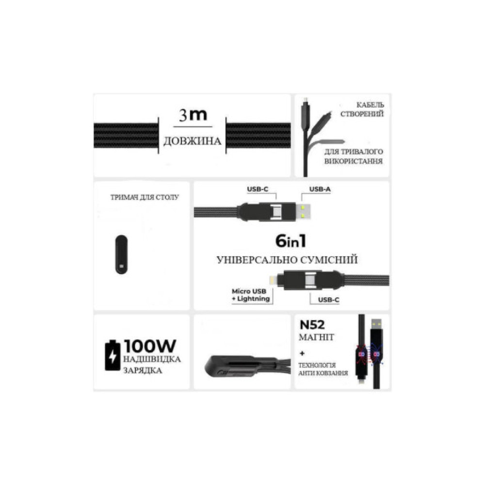 Дата кабель 6in1 inCharge XL 3.0m black Rolling Square (XLL01R)