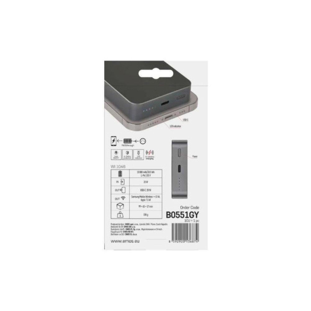 Батарея універсальна EMOS 10000mAh WI1046, 20W, Wireless, grey (B0551GY)