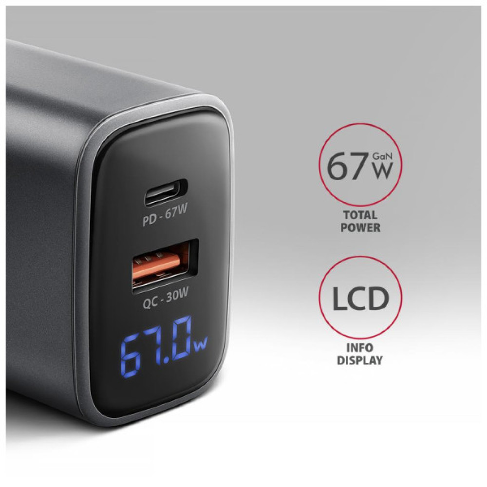 Зарядний пристрій AXAGON 1xUSB-C PD67W + 1xUSB QC4+ PPS display gray (ACU-PQ67D)
