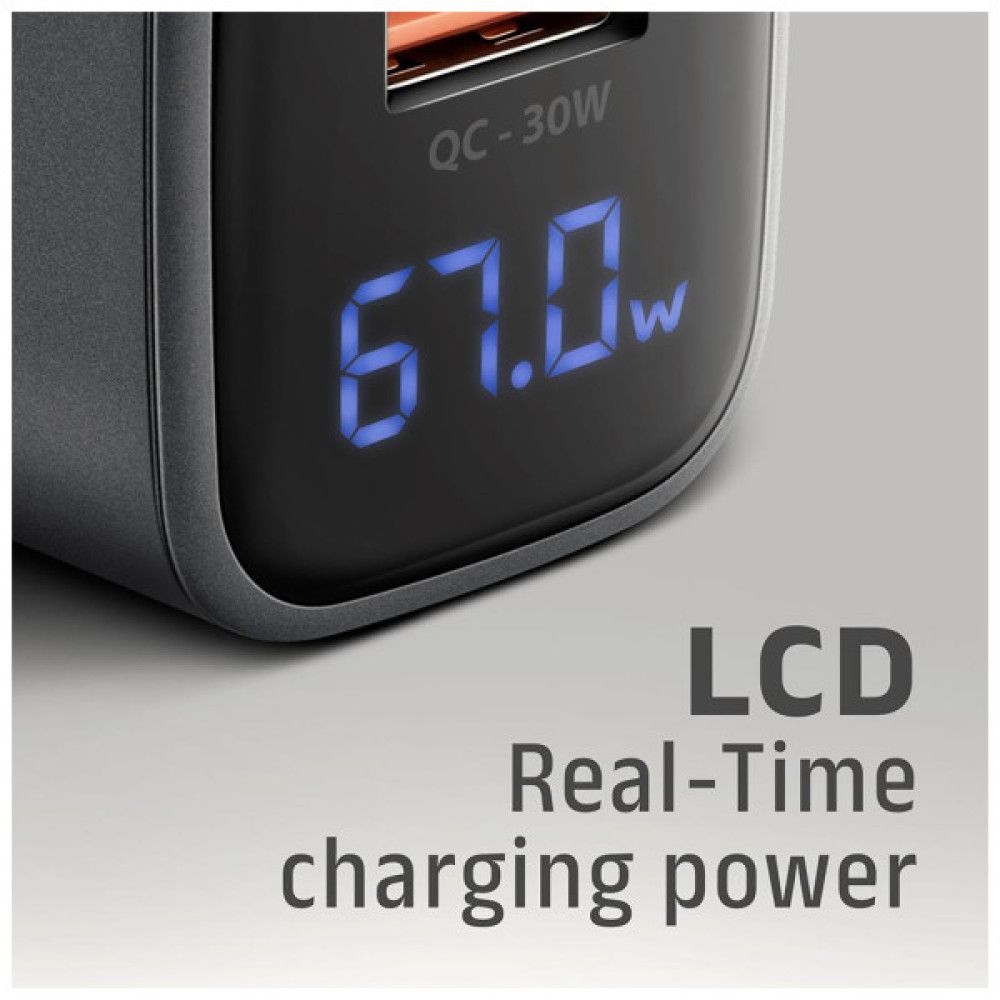 Зарядний пристрій AXAGON 1xUSB-C PD67W + 1xUSB QC4+ PPS display gray (ACU-PQ67D)
