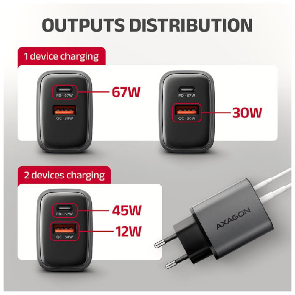 Зарядний пристрій AXAGON 1xUSB-C PD67W + 1xUSB QC4+ PPS display gray (ACU-PQ67D)
