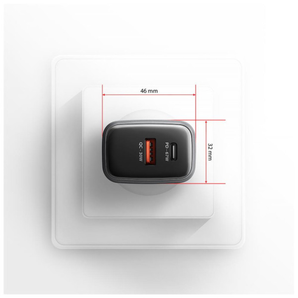 Зарядний пристрій AXAGON 1xUSB-C PD67W + 1xUSB QC4+ PPS display gray (ACU-PQ67D)