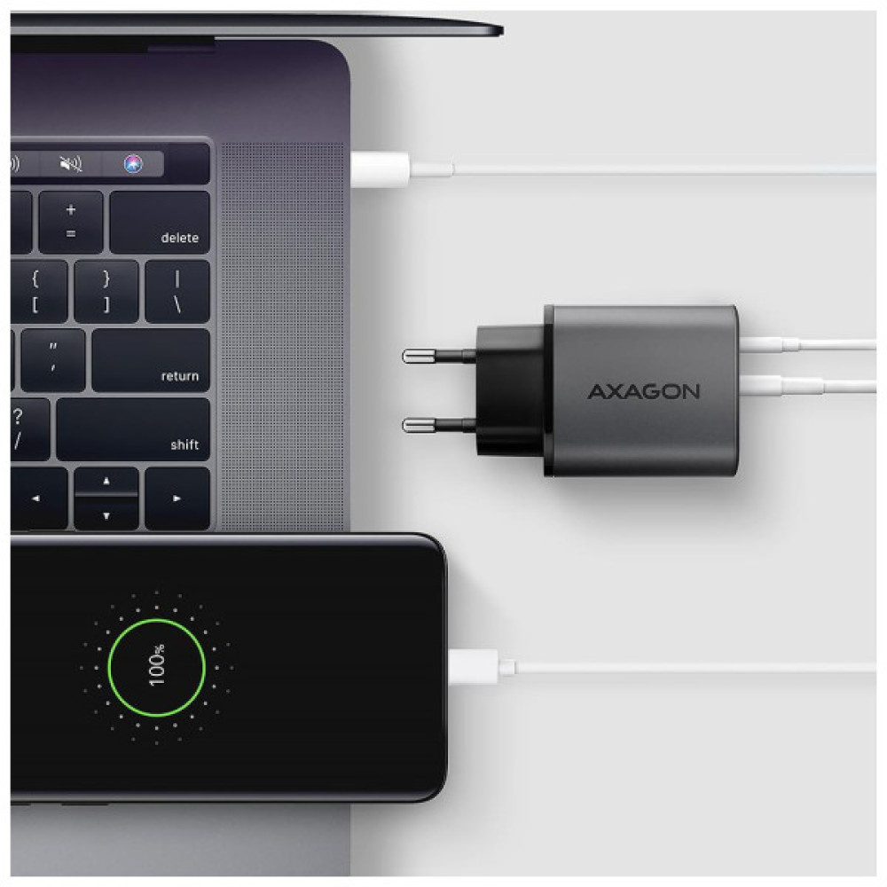 Зарядний пристрій AXAGON 1xUSB-C PD67W + 1xUSB QC4+ PPS display gray (ACU-PQ67D)