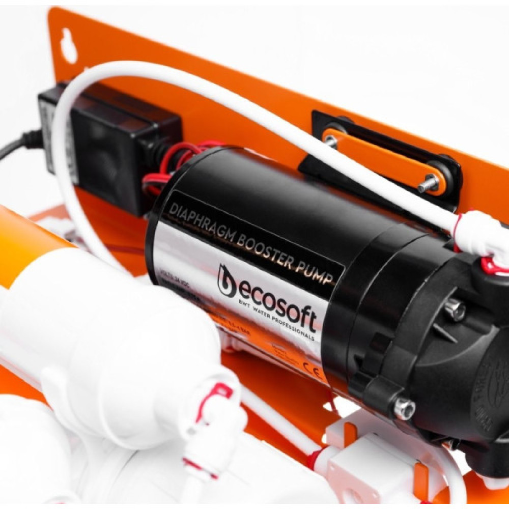 Фільтр зворотного осмосу Ecosoft Absolute з мінералізатором та помпою на станині, мембрана 75gpd DuPont, дренаж 1:1