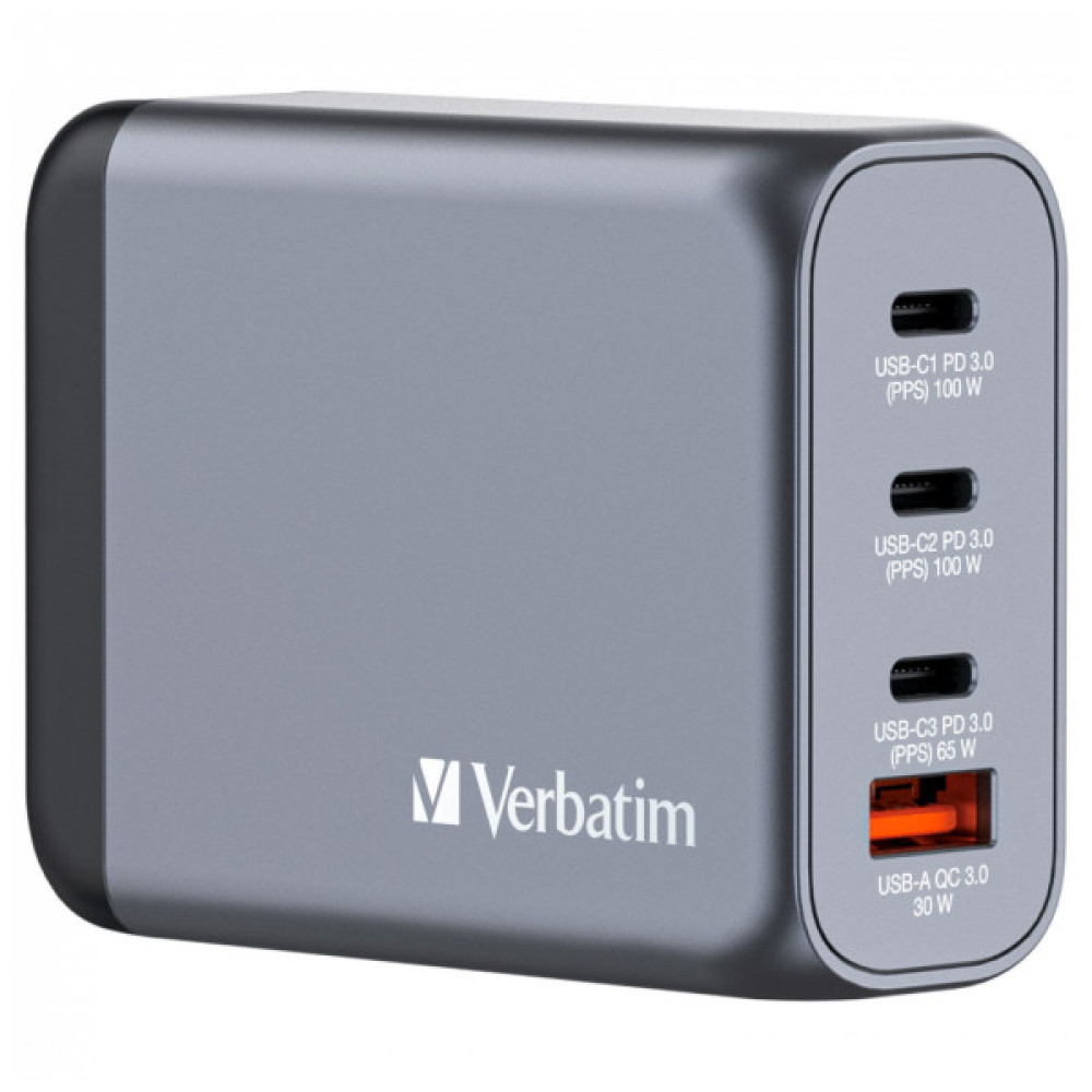 Зарядний пристрій Verbatim GaN 100 W 4 ports (2xUSB-C-100 W,USB-C 65 W /USB-A -3.0) (32202)