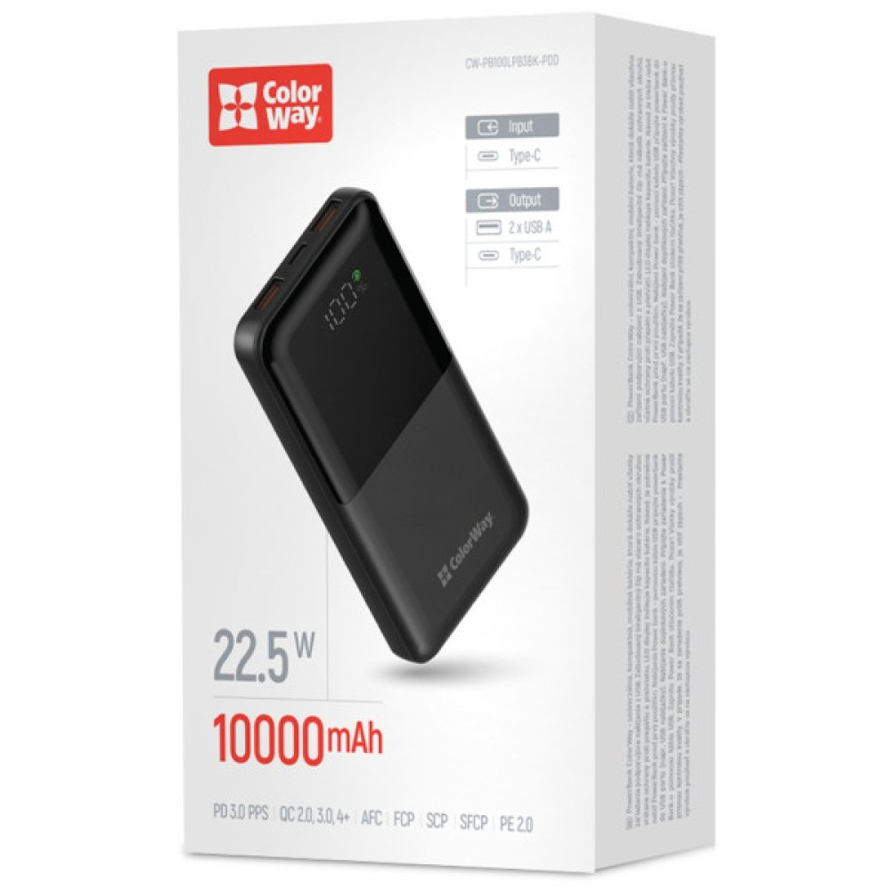 Батарея універсальна ColorWay 10 000 mAh PD/22.5W, QC/3.0, LCD, Black (CW-PB100LPB3BK-PDD)