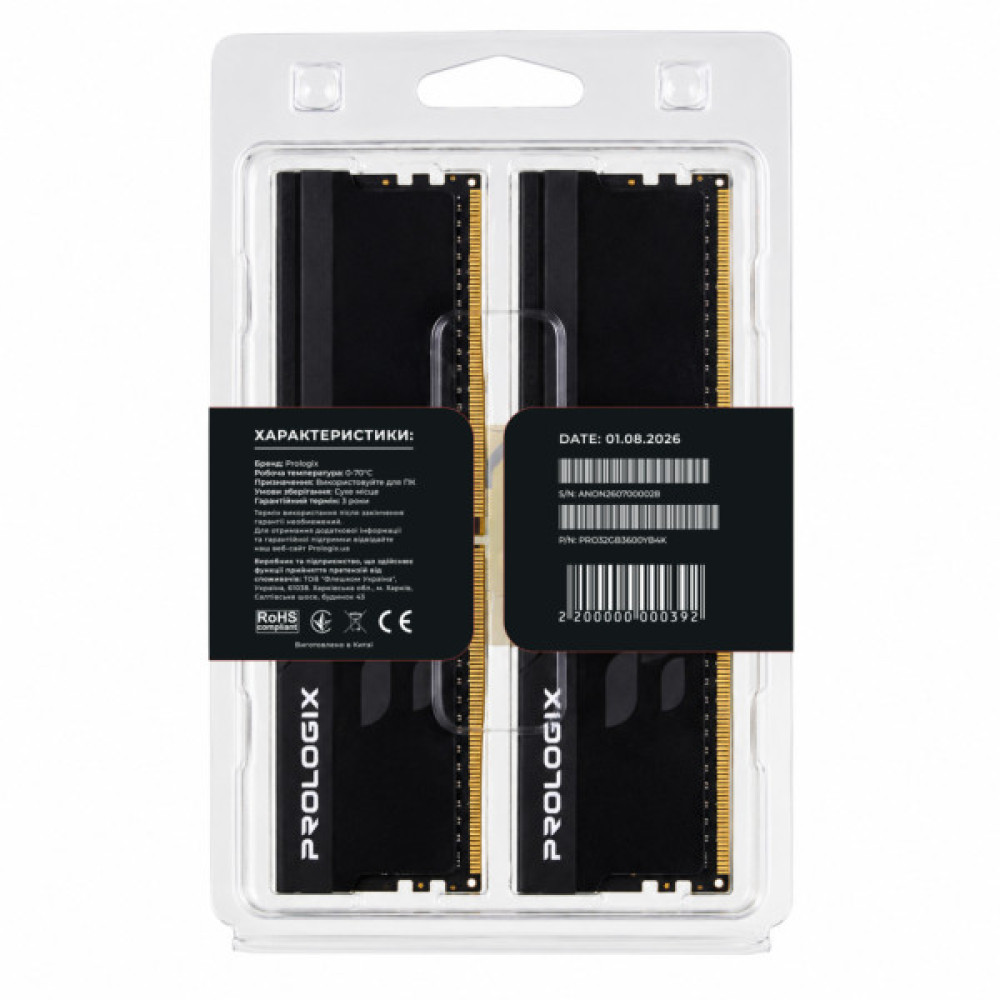 Модуль пам'яті для комп'ютера DDR4 32GB (2x16GB) 3600 MHz Onyx Black Prologix (PRO32GB3600YB4K)