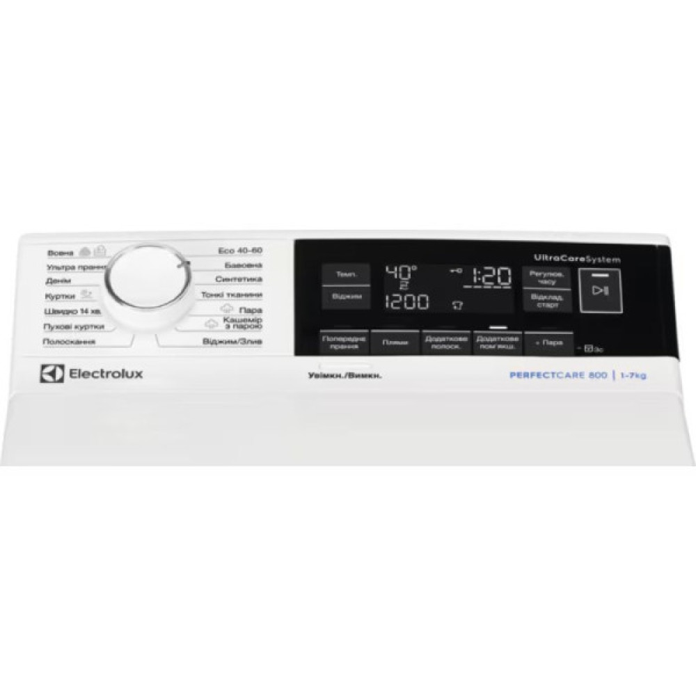 Пральна машина Electrolux вертикальна, 7кг, 1300, A, 60см, дисплей, пара, інвертор, білий