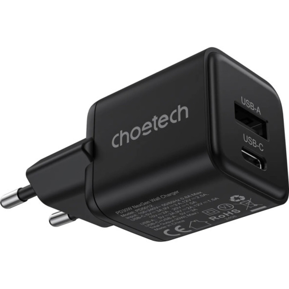 Зарядний пристрій Choetech 1xUSB-C PD30W PPS + 1xUSB QC3.0 (PD5012-EU-BK)