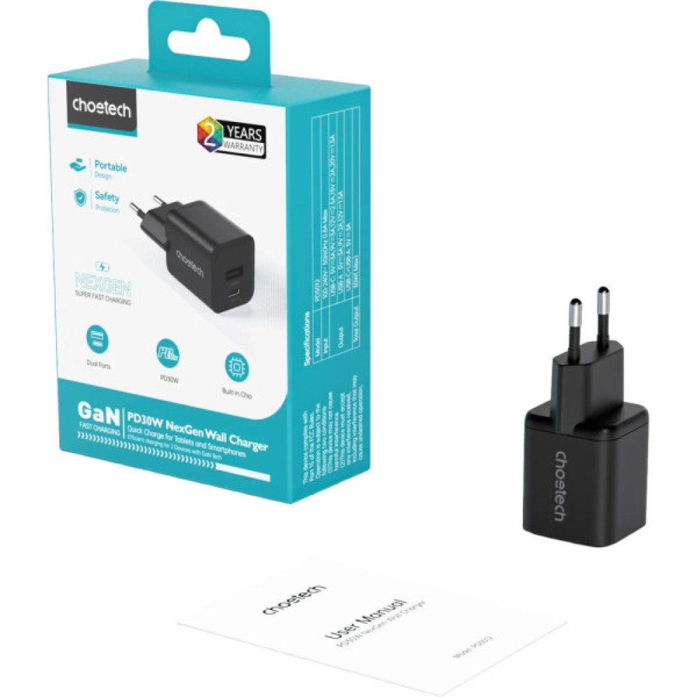 Зарядний пристрій Choetech 1xUSB-C PD30W PPS + 1xUSB QC3.0 (PD5012-EU-BK)